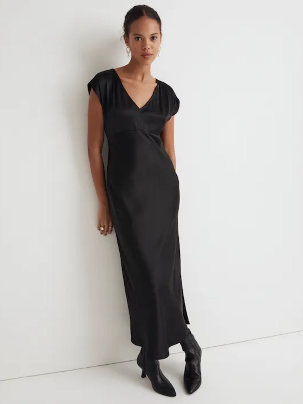 Madewell Black Satin Wide V-Neck Midi Slip Dress - 4